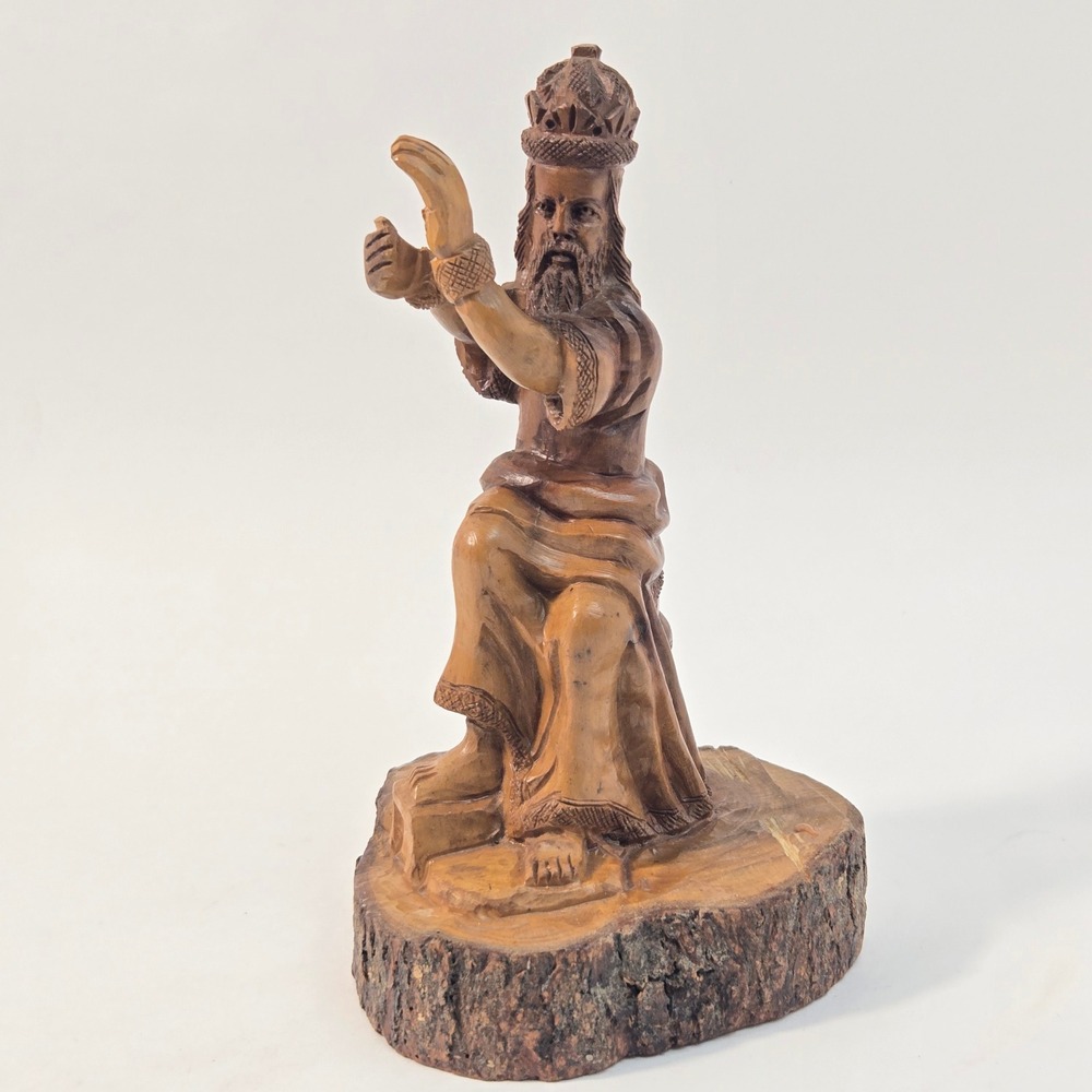 Hand Carved Olive Wood Kneeling King Biblical Figure Statue Religious Folk Art